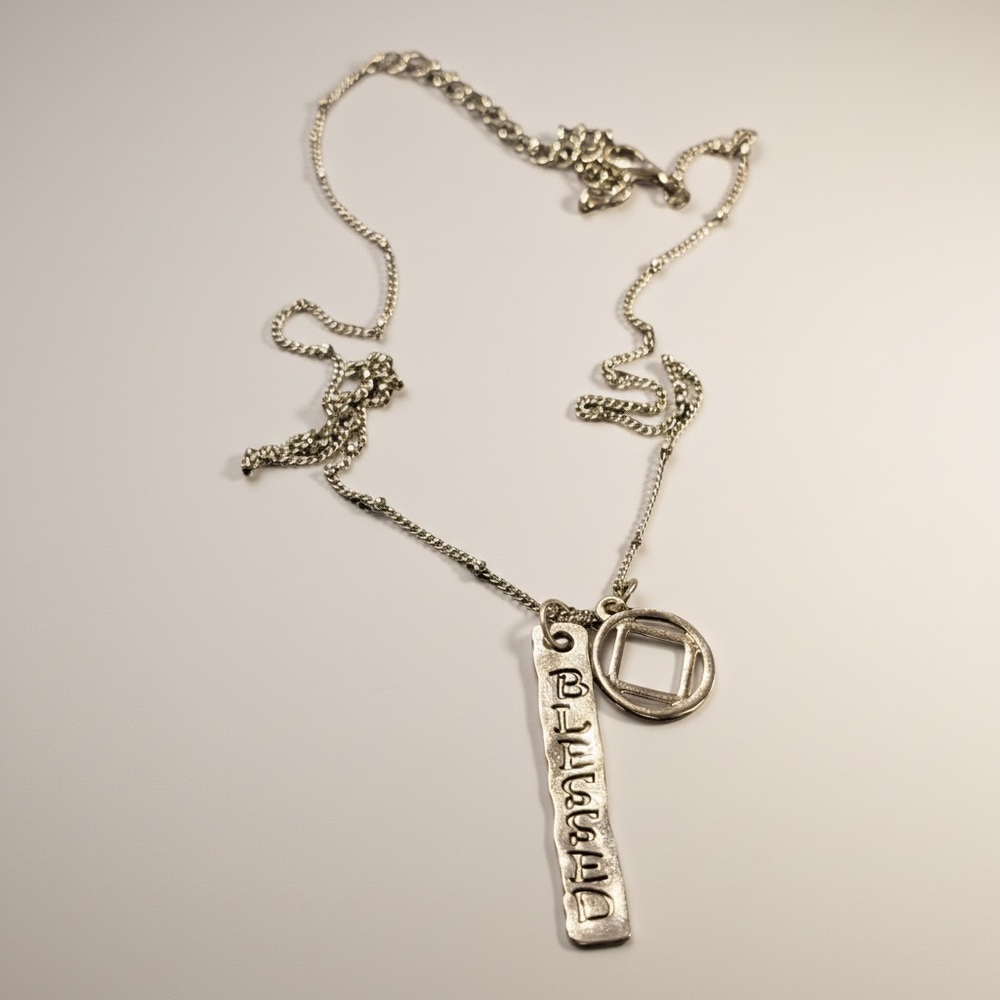 Blessed Necklace Silver Tone Word Pendant Inspirational Minimalist 261
